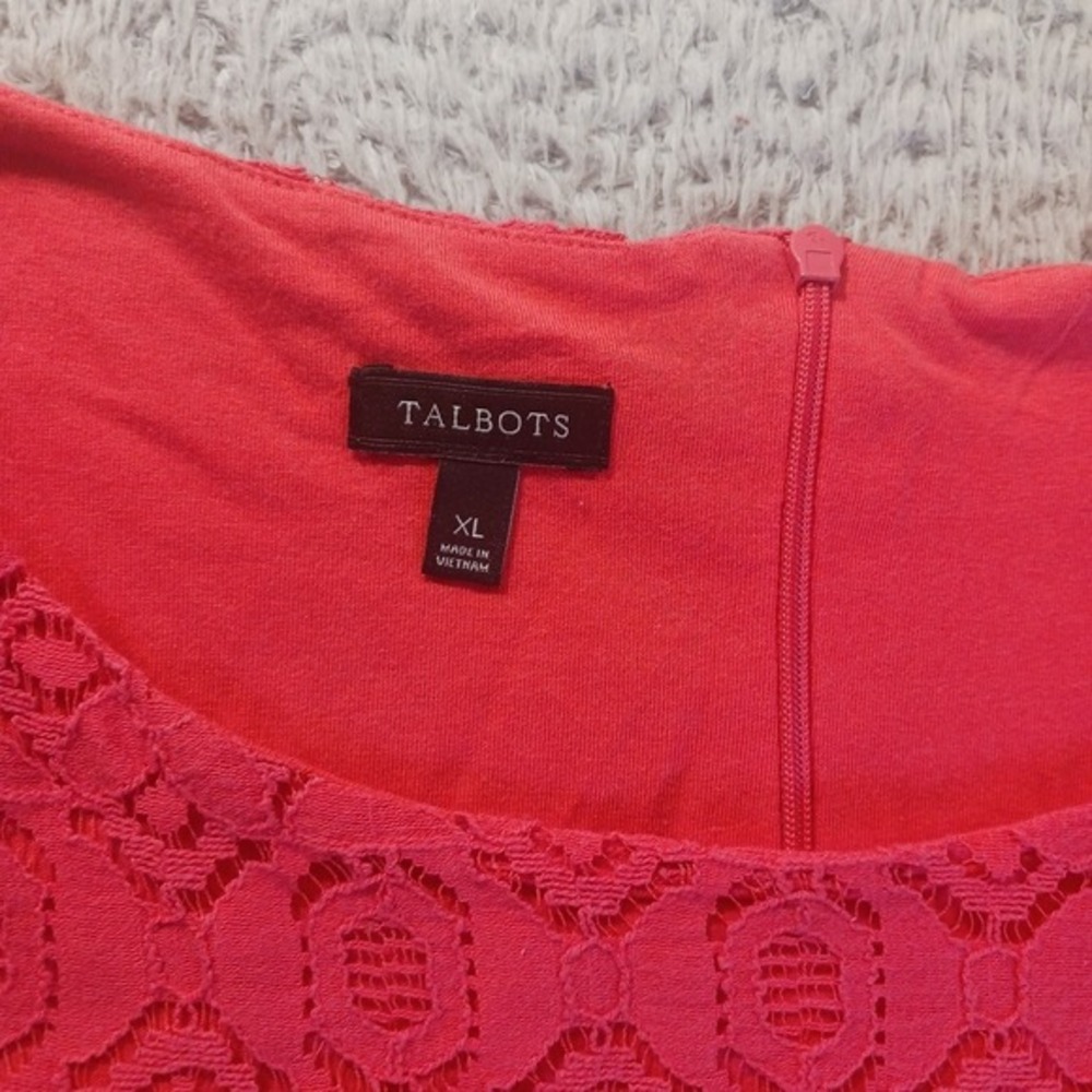 Talbots Geometric Lace Blouse Womens XL Coral Red 3/4 Sleeve Lined Pullover‎ Top - Picture 2 of 7